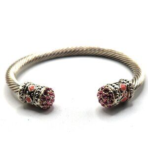 Silver Tone Twist Cuff Bracelet With Pink Rhinestone & Bead Cap